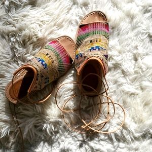 BRIGHT textile and leather wrap sandals w